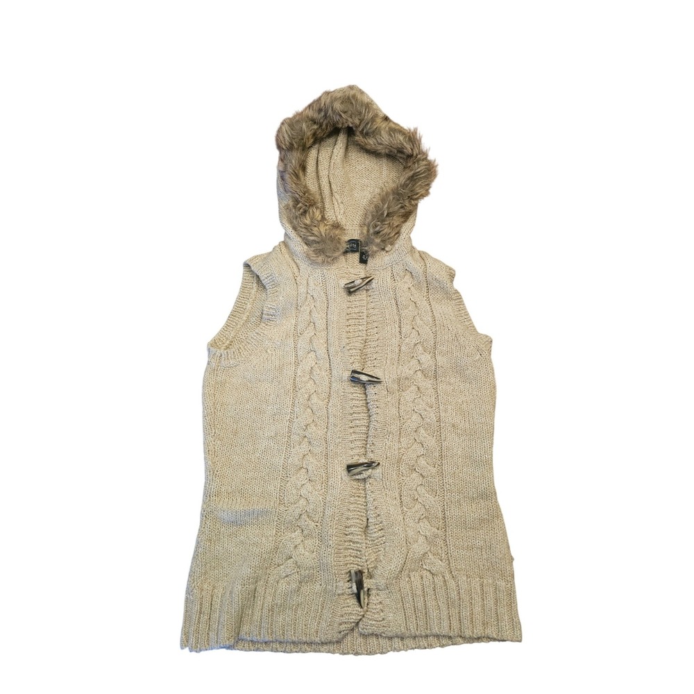 Relativity fur hooded toggle knit vest Small‎ beige tan